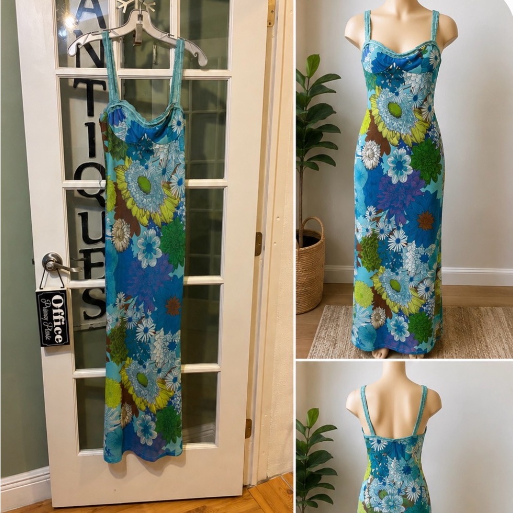 S
LAKEYO Y2K Blue Floral Maxi Dress Stretch Mesh Bodycon Size S lined inside